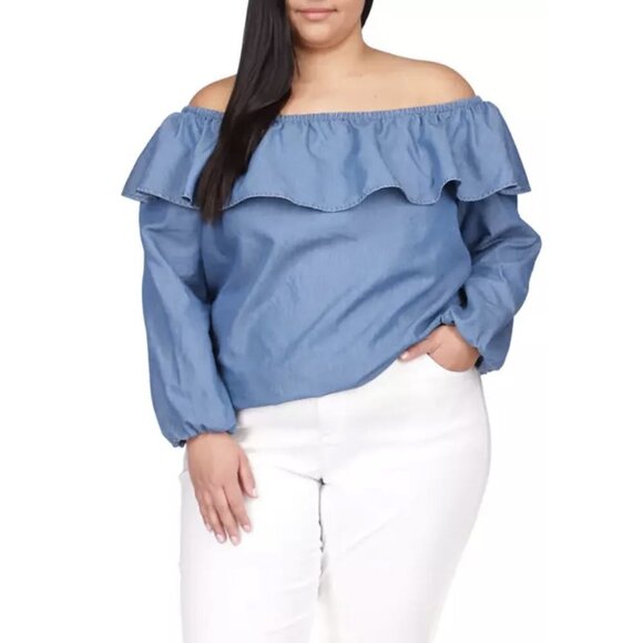 NWT MICHAEL Michael Kors Chambray Ruffle Off the Shoulder Top Sz. 2X - Picture 3 of 5